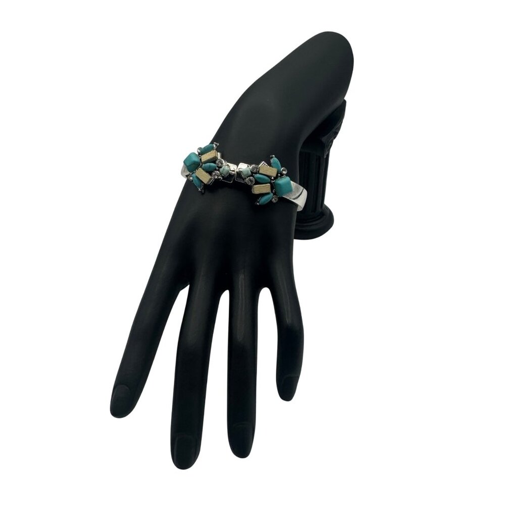 Vintage Turquoise & Silver Tone Hinged Bracelet With Rhinestone Accents